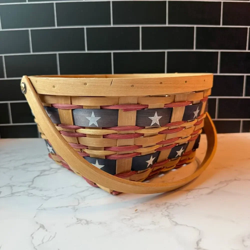 Vtg Woven Wood Basket Square Storage Americana Red Patriotic